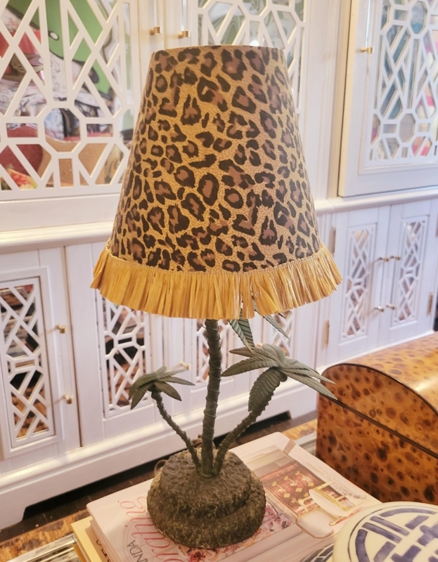 Table Lamp: Triple Palm Tree Base, Leopard Print Shade, Raffia Fringe