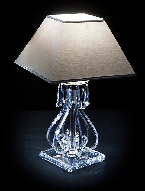 Table Lamp: Twisted Glass Curls, Trapezoidal Shade, Tiered Square Base