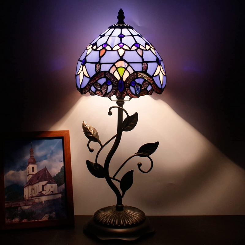 Table Lamp Vine Stem Lavender Stained Glass Leaf Accents Baroque Style