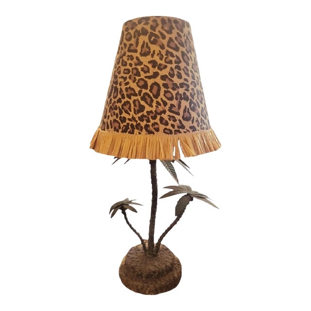 Table Lamp: Vintage Bronze Palm Tree Base, Leopard Print Fringe Shade