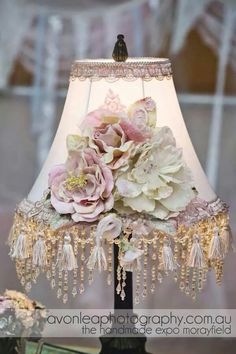 Table Lamp Vintage Style with Floral Appliqué and Beaded Tassels