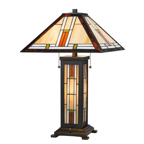 Table Lamp Walnut Mission Style Geometric Art Glass Night Light Base
