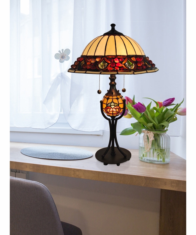 Table Lamp Warm Amber Stained Glass Ruby Red Jewel Accents Tripod Base