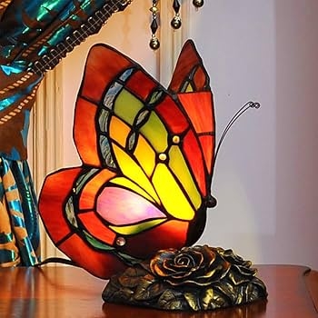 Table Lamp: Warm Ambient Glow Stained Glass Butterfly & Rose Base