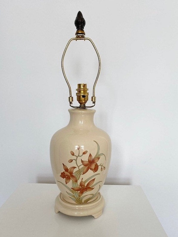 Table Lamp, Warm Beige Urn, Hand Painted Floral Decor, Traditional