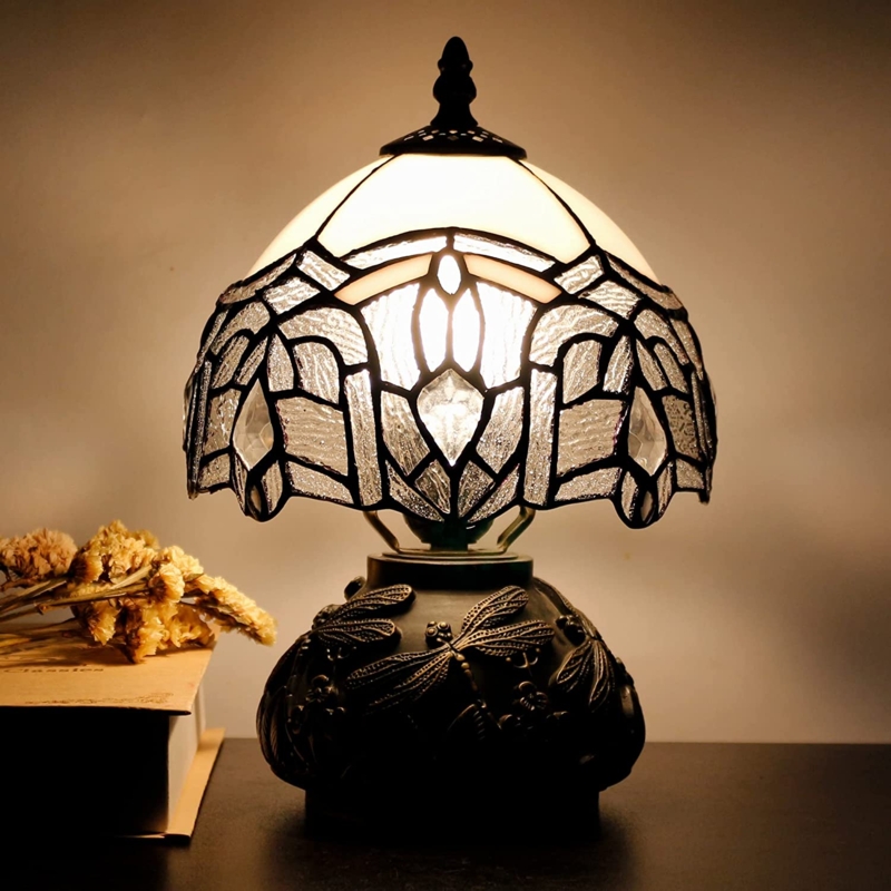 Table Lamp Warm White Stained Glass Shade Dragonfly Relief Base