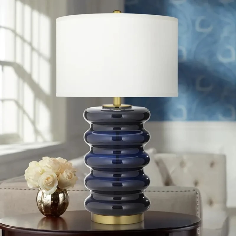 Table Lamp Wavy Ribbed Glass Base Brass Accents Modern Luxe