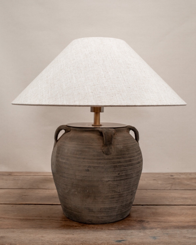 Table Lamp, Weathered Clay Jar Base, Triple Handles, Wabi-Sabi Style