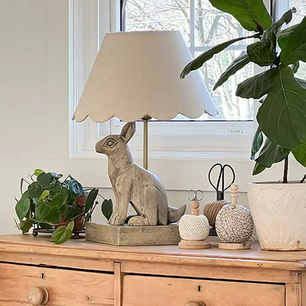 Table Lamp Weathered Wood Rabbit Scalloped Shade Farmhouse Decor