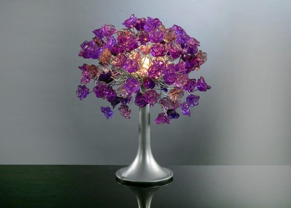 Table Lamp: Whimsical Floral Cluster Shade on Silver Trumpet Base
