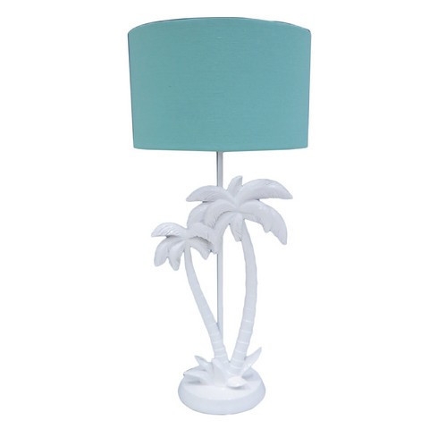 Table Lamp: White Palm Tree Base, Aqua Drum Shade, Coastal Tropical