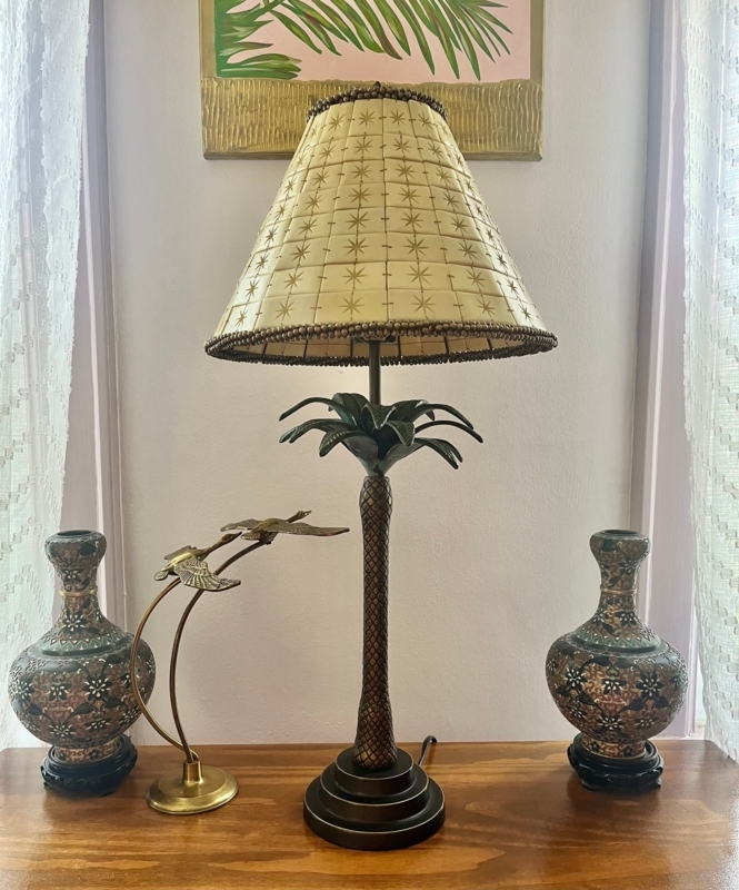 Table Lamp with Handmade Tiled Shade and Beaded Trim, Antique Bronze Finish.
