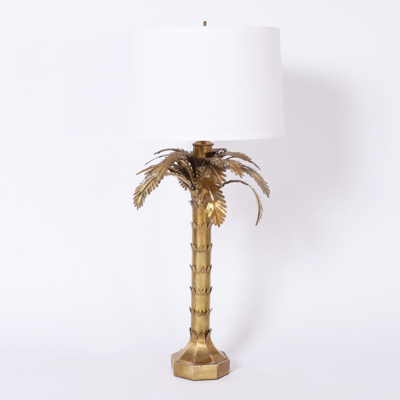 Table Lamp with Hexagonal Base and Sculptural Fronds, Vintage Brass Finish.