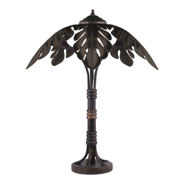 Table Lamp with Open Canopy and Sculpted Palm Leaves, Antique Bronze Finish.