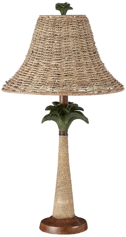 Table Lamp with Rope Wrapped Stem, Woven Rattan Shade, Tropical Coastal Style.