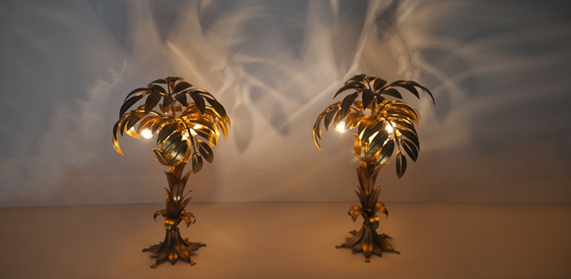 Table Lamp with Shadow Projection and Polished Gold Finish, Hollywood Regency.