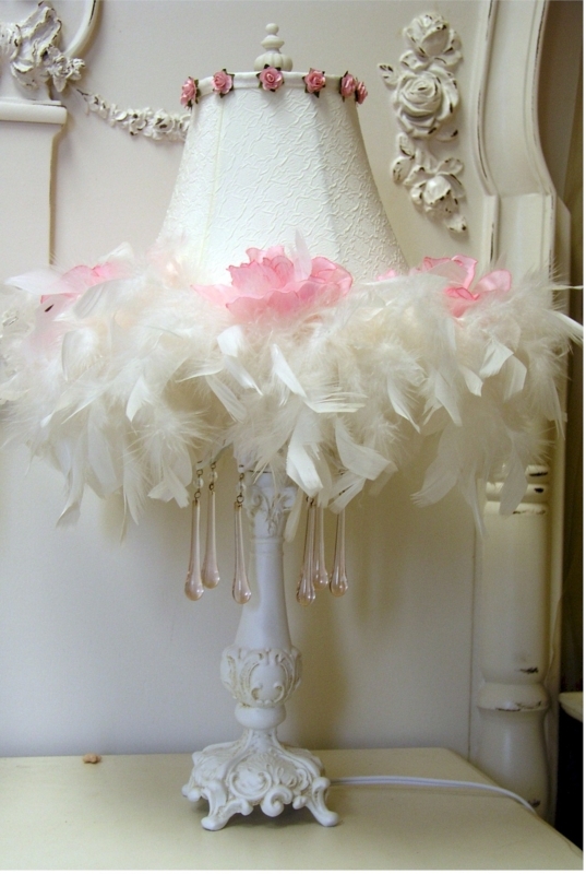 Table Lamp with White Feather Shade Trim and Rosebud Accents
