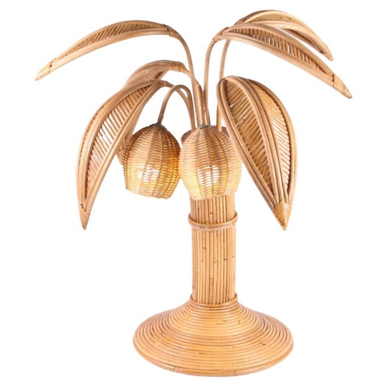Table Lamp with Wicker Palm Shape and Coiled Base, Tropical Bohemian Decor.