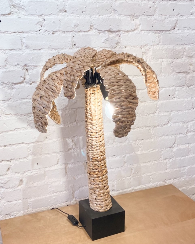Table Lamp with Woven Fronds and Matte Black Base, Tropical Bohemian Decor.