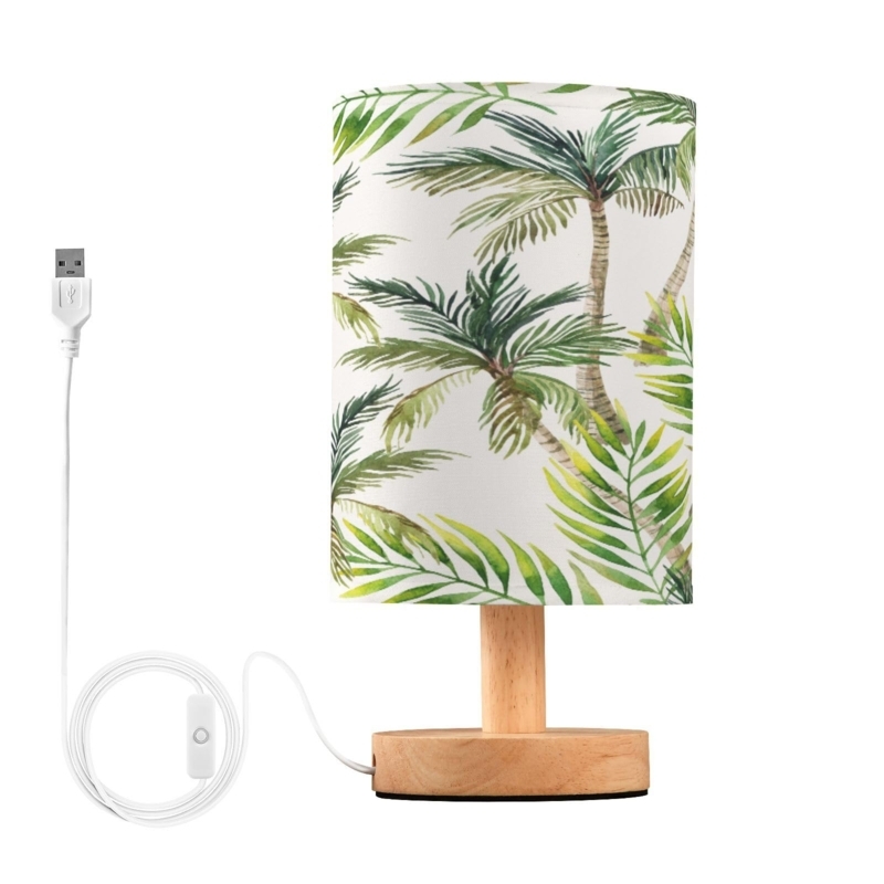 Table Lamp: Wood Base, Palm Tree Print Shade, USB Powered, Bedside