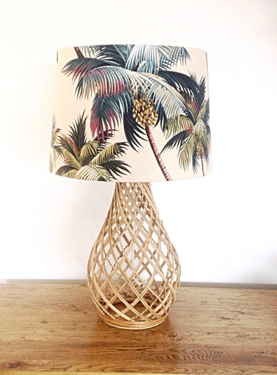 Table Lamp: Woven Rattan Base, Palm Tree Print Barrel Shade, Coastal