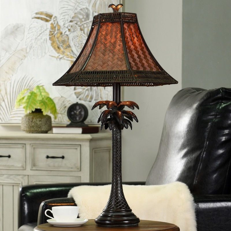 Table Lamp: Woven Rattan Shade, Bronze Palm Tree Base, Textured Trunk