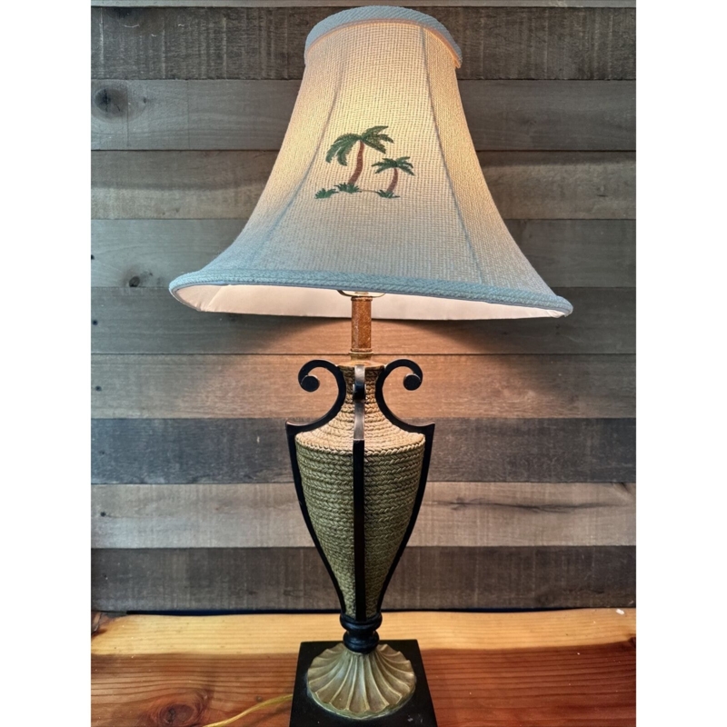 Table Lamp: Woven Urn Base, Embroidered Palm Tree Shade, Scroll Arms