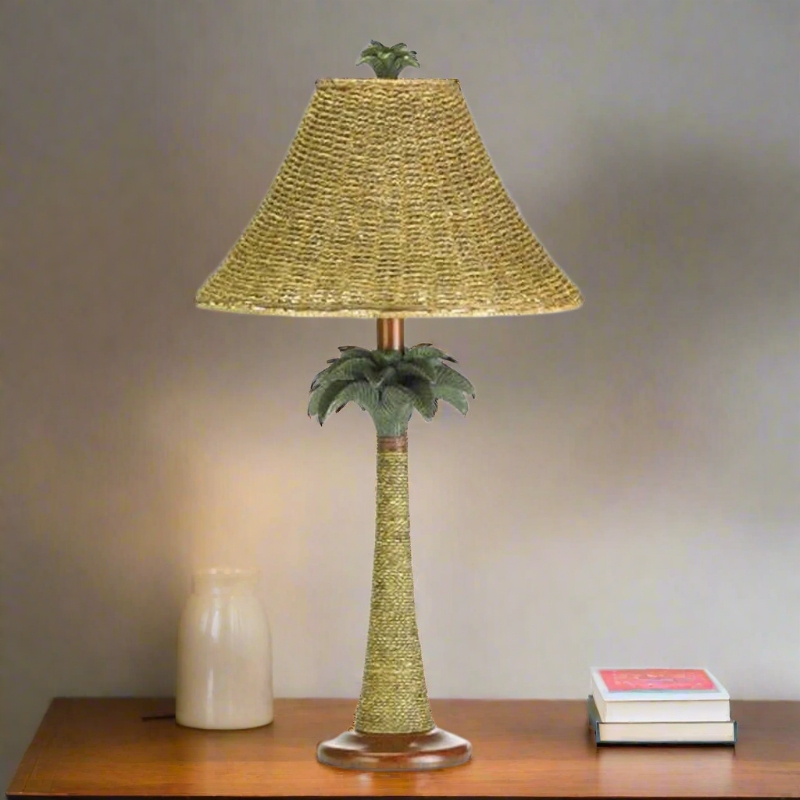 Table Lamp: Wrapped Trunk Base, Woven Conical Shade, Palm Frond Accents