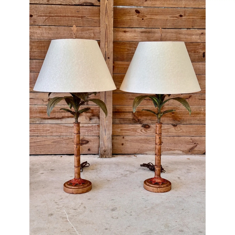 Table Lamps, Hand Painted Metal Tole, Sage Green and Warm Tan, Regency Style.