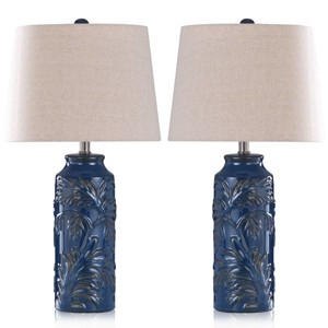 Table Lamps Set of 2 Ceramic Botanical Relief Pattern Glossy Glaze