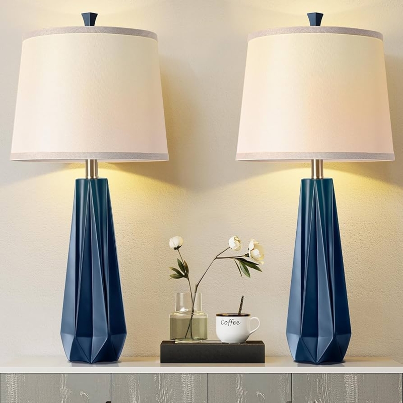 Table Lamps Set of 2 Matte Navy Faceted Base Contrast Border