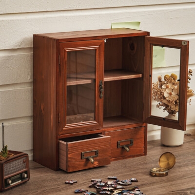 Tabletop Cabinet Label Holder Drawers Apothecary Style Glass Doors
