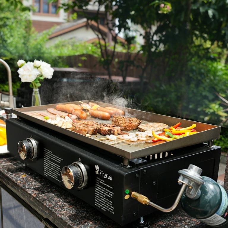 Tabletop Griddle Brushed Metal Top Dual Burners Compact Gas Grill