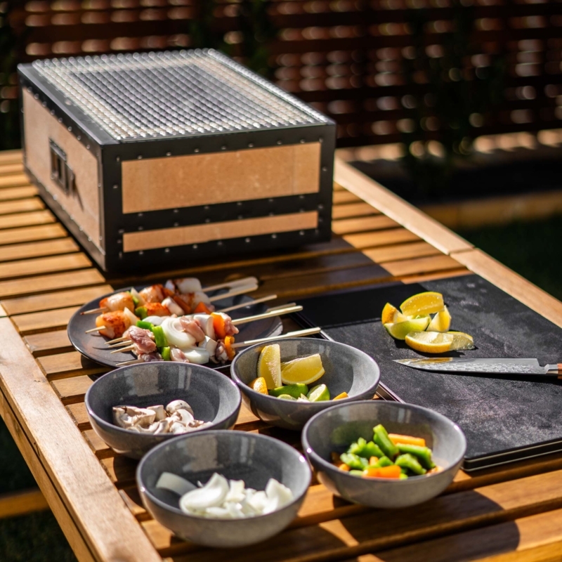 Tabletop Grill Setup Riveted Frame Slatted Wood Tabletop Ceramic Bowls