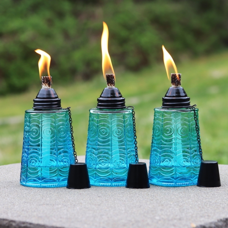 Tabletop Torch Tropical Blue Glass Embossed Pattern Coastal