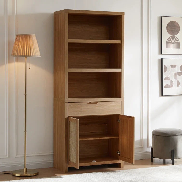 Tall Bookcase with Rattan Door Panels Special Walnut Finish Boho Chic