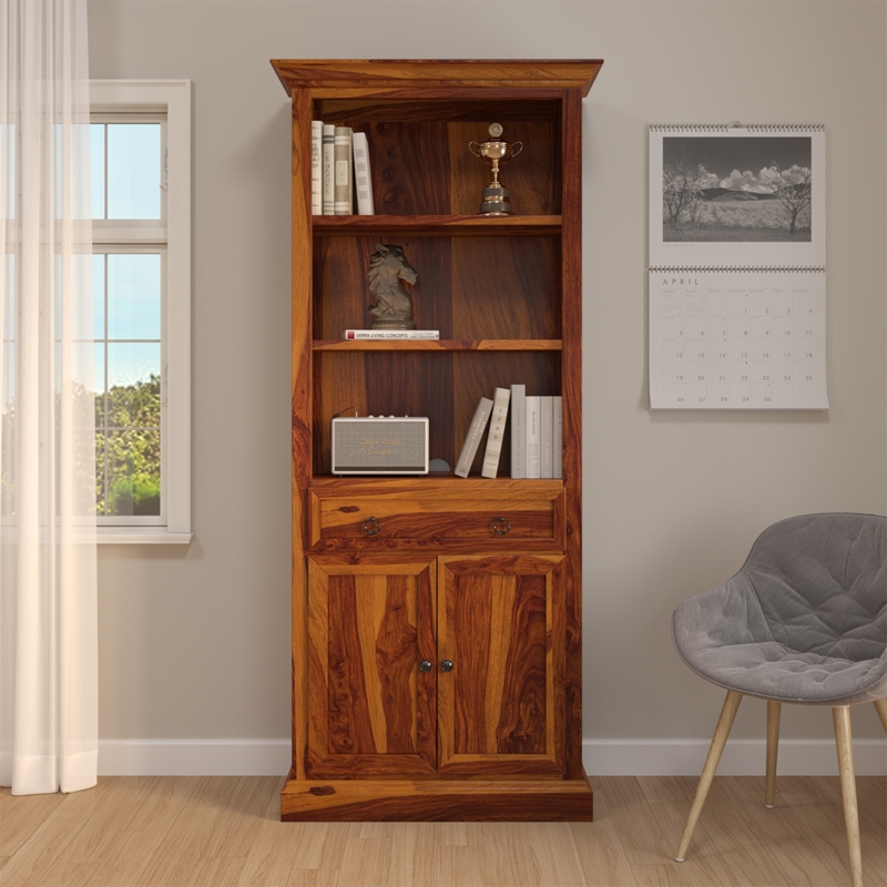 Tall Bookcase with Variegated Grain Wood Wide Center Drawer and Cabinet
