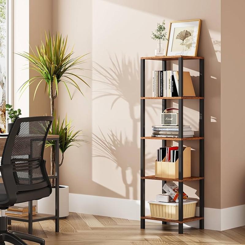 Tall Bookshelf Matte Black Frame, Narrow Industrial Profile