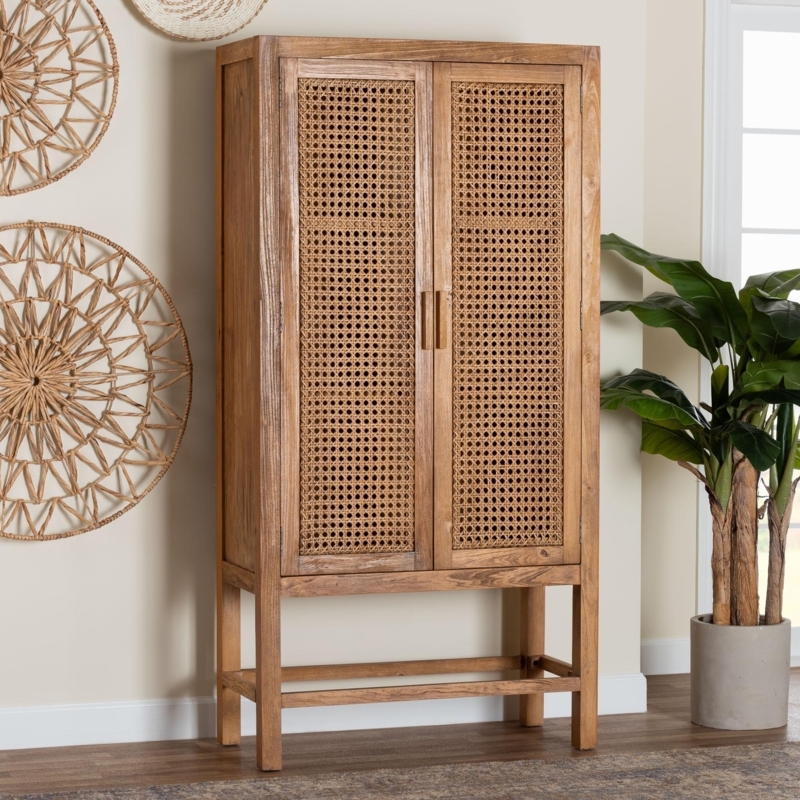 Tall Cabinet with Cane Webbing Doors and Elevated Base