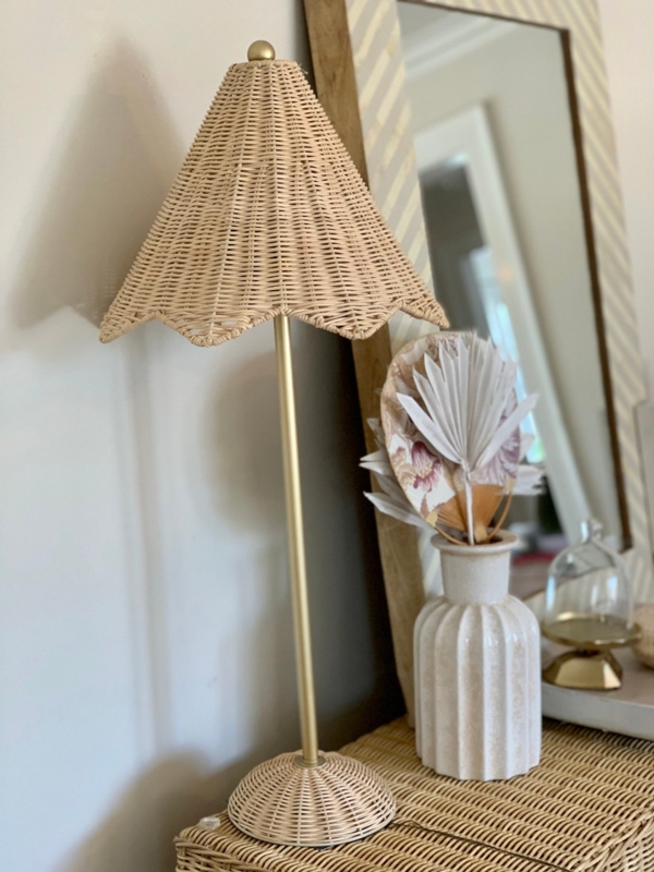 Tall Chinoiserie Rattan Table Lamp with Scalloped Shade and Brass Neck