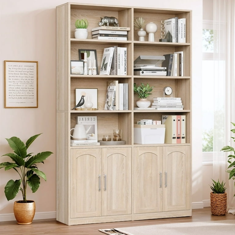 Tall Double Row Bookcase, Arched Panel Doors, Open Cubbies