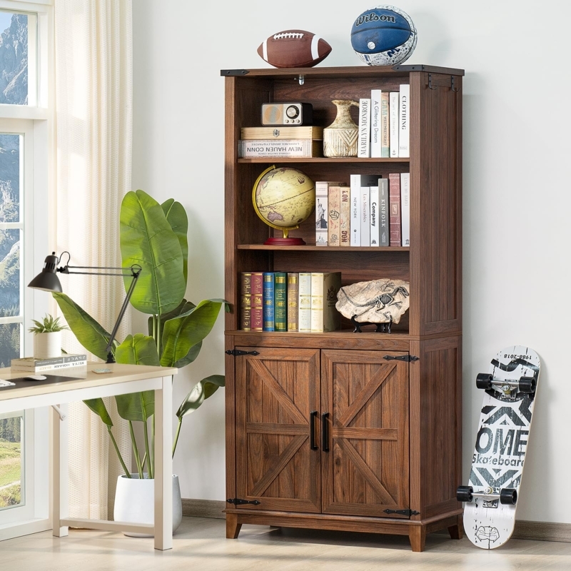 Tall Farmhouse Bookshelf Walnut Finish with Barn Doors and Tapered Legs