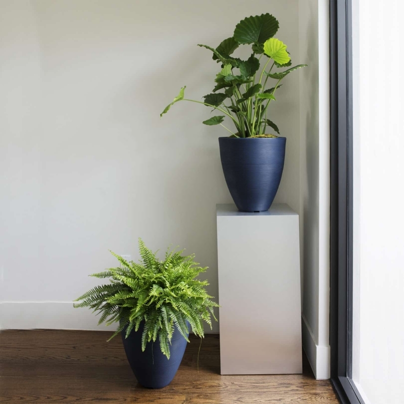 Tall Planter, Caviar Black Horizontal Ribbed Conical Shape