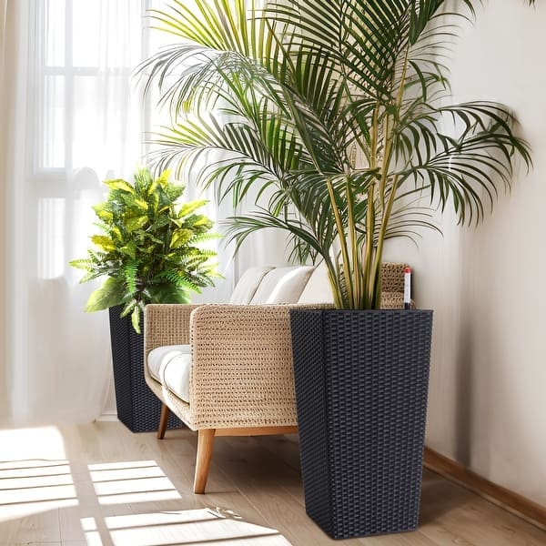 Tall Planter, Charcoal Black Woven Basketweave Texture, Wicker Style