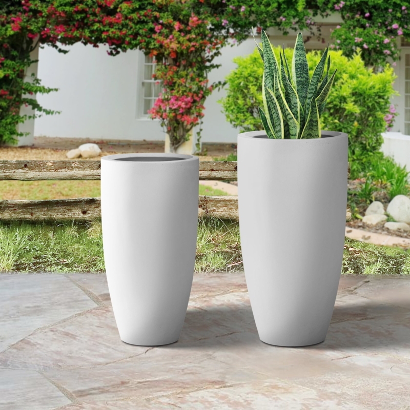 Tall Planter Concrete Like Matte White Thick Walled Tapered Pots