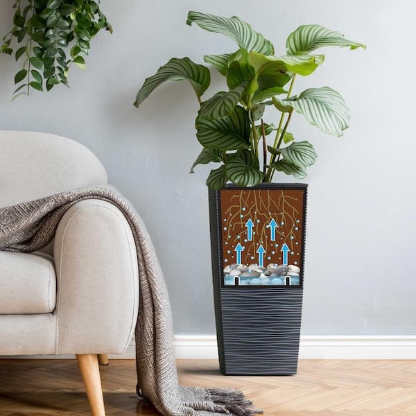 Tall Planter, Dark Gray Wavy Texture, Self-Watering System Resin Pot