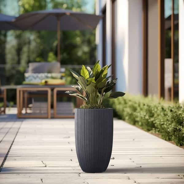 Tall Planter, Granite Gray Concrete Vertical Ribbing, Outdoor Pot