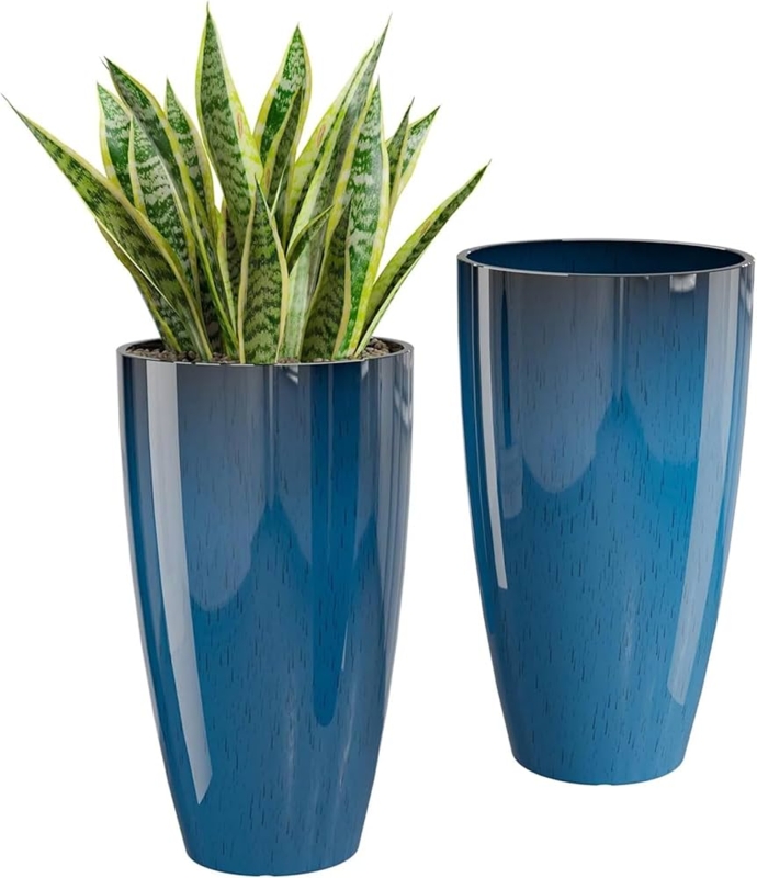Tall Planter High Gloss Blue Vertical Grain Texture Set of 2