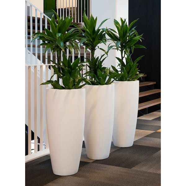 Tall Planter, Matte White Fiberstone Tapered Round, Modern Pot
