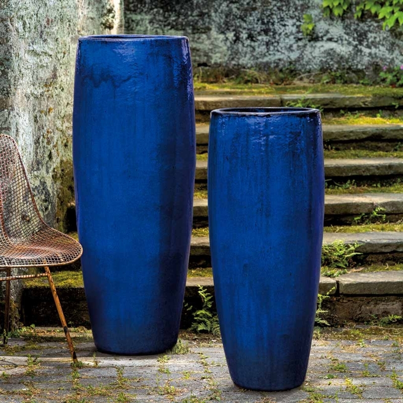 Tall Planter Sapphire Blue Glazed Terra Cotta Rolled Rim